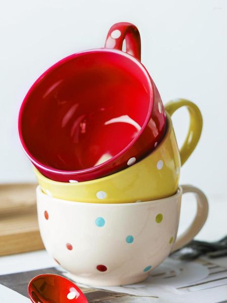 Cuencos de cerámica de lunares para desayuno, leche, avena, taza de té de gran capacidad para el hogar, té de la tarde, cuenco para postre, ensalada con asa