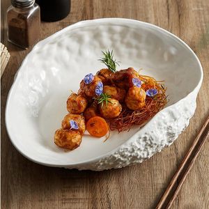 Bols blanc pur ovale motif de roche assiette à soupe maison décoration de table bord de coquille dîner céramique plat principal couverts