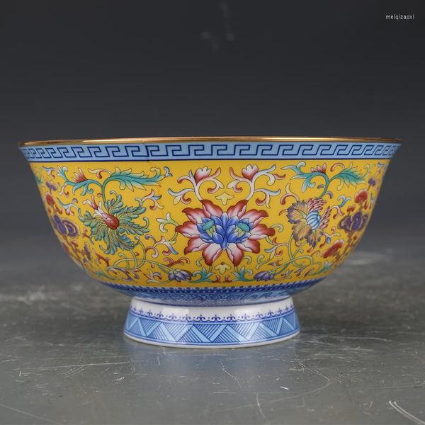 Cuencos Qing Emperor Year Mark Enamel Qianlong Yellow Tangled Lotus Bowl Colección de porcelana antigua