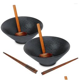 Bols Au détail en céramique Ramen Bowl Set japonais avec baguettes et cuillère Udon nouilles 2 ensembles livraison directe maison jardin cuisine barre à manger Ot2Tp