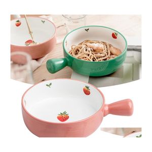 Bols Salad Bowl Soupe avec poignées 600 ml de motif stberry en céramique servant pour la maison de cuisine de cuisine gouttes de gouttes de gouttes jardin à manger din dhqpb