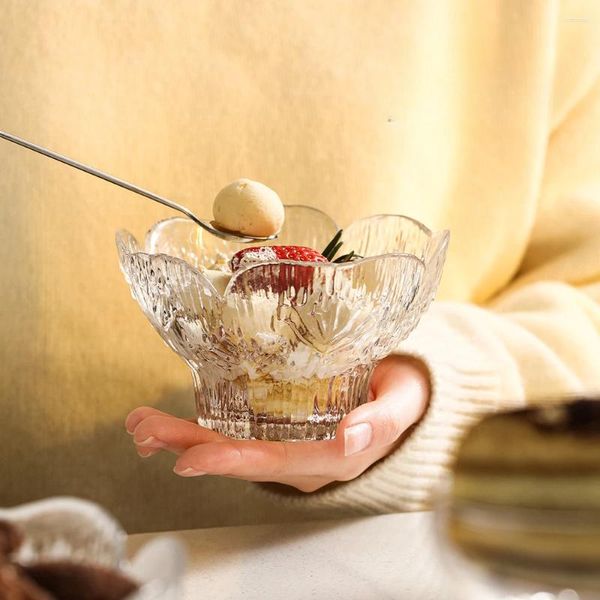 Juego de tazones de 3 insaltamentos de cristal Vidrutas para tazón de ensalada de ensalada con soporte a mano en forma de helado transparente en relieve