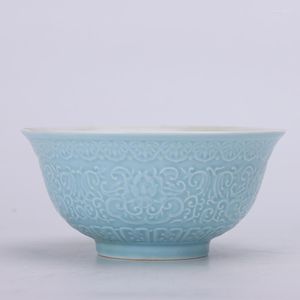 Bowls Shanghai Museum 1962 Sky Blue Glaze Relief Tangled Lotus Pattern Large Bowl Porcelain Custom Ornaments