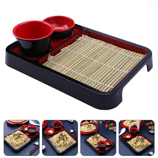 Tazones Soba Plato Bandeja Fideos Fideos Plato Frío Sushi japonés Taza para servir Plato Mat Inmersión Estilo Especial Bambú Bandejas cuadradas profundas