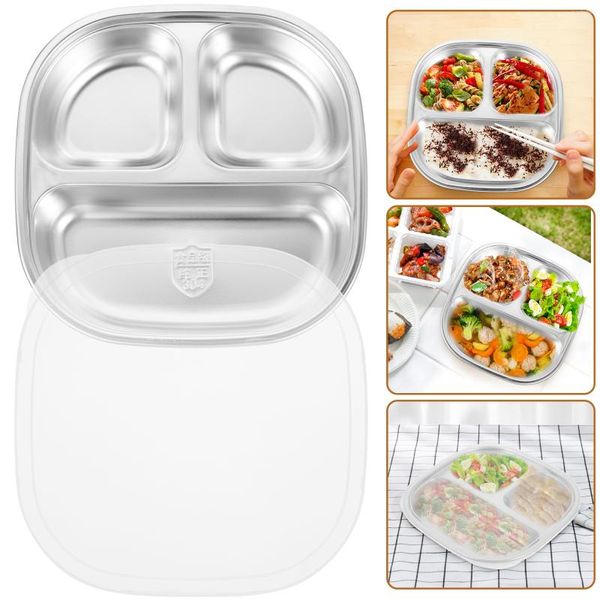 Cuencos Plato de acero inoxidable Contenedor de almuerzo dividido Platos para niños Contenedores para refrigerios Adultos Utensilios para servir Cubiertos Juego de cubiertos