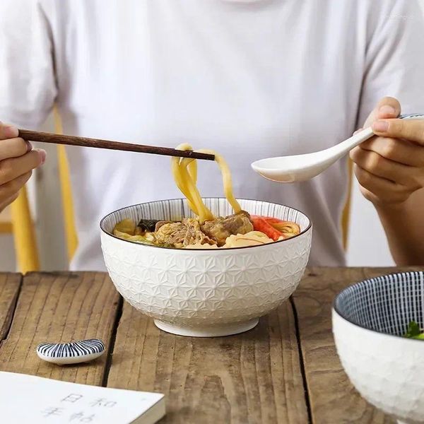 Cuencos de estilo nórdico de cerámica, vajilla grande antiescaldaduras de pie alto, Ramen, cuenco de Color de fideos de 6 pulgadas, relieve de sopa para el hogar