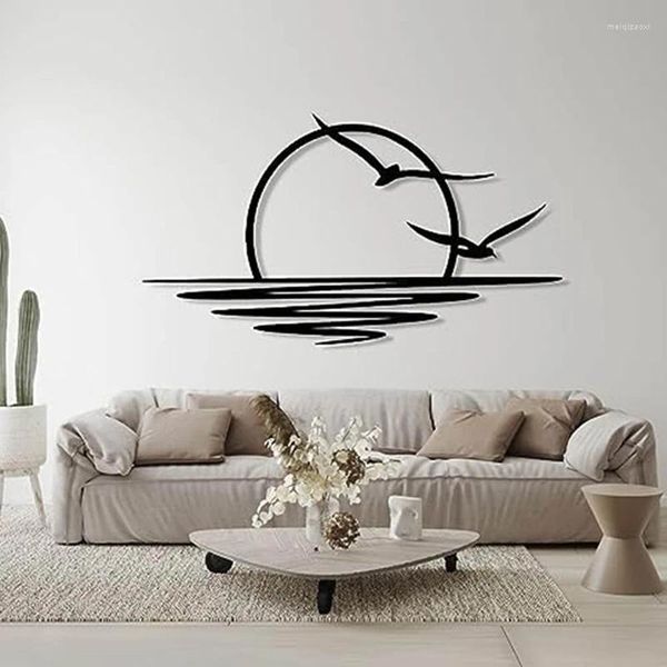 Cuencos Sunrise Metal Wall Art Decoración de sol y gaviotas Puesta de sol abstracta Línea minimalista para el hogar