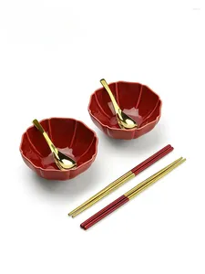 Bowls servies keramische set rode onderglazuur onregelmatig gevormde kom eetstokjes dames bruiloft creatief 4.5-inch 6-delige cadeau eenvoud