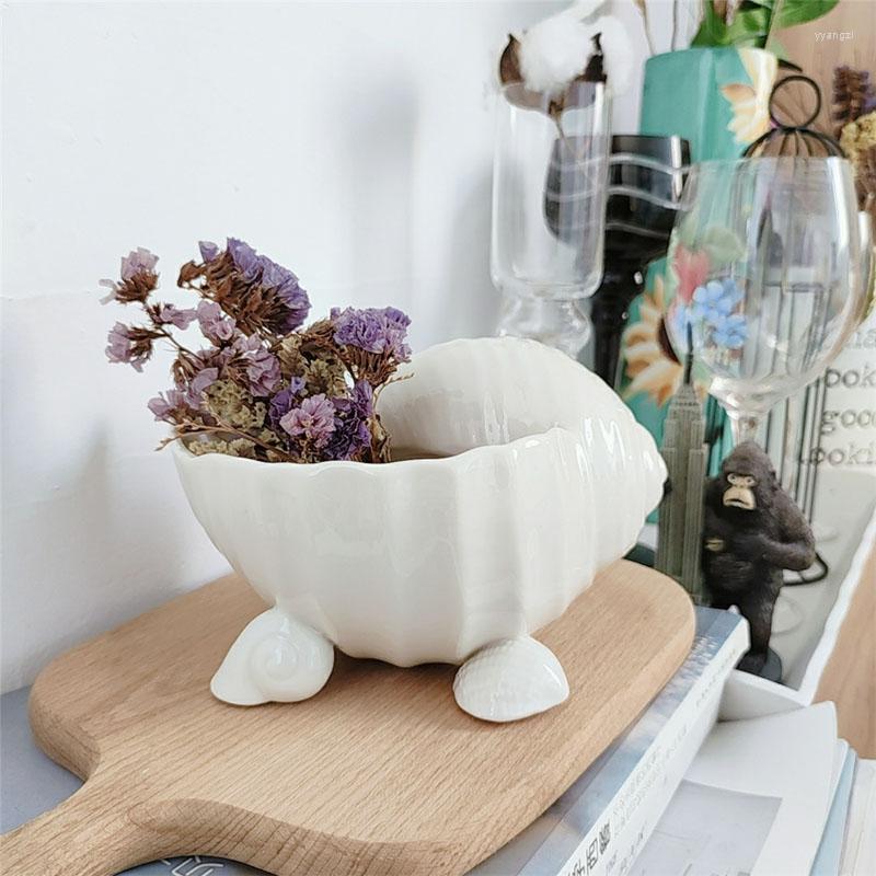 Bols TingKe nordique rétro haut de gamme forme de conque bol en céramique fruits créatif décoration de la maison Arrangement de fleurs Vase ornement