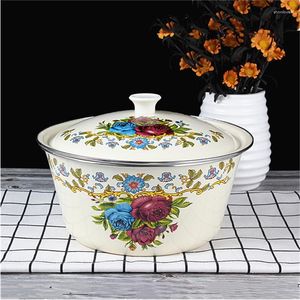 Bols Vintage Émail Bol Grande Capacité Rétro Sertissage Impression Pots De Fleurs Cuisine Réfrigérateur Conteneur Avec Couvercle