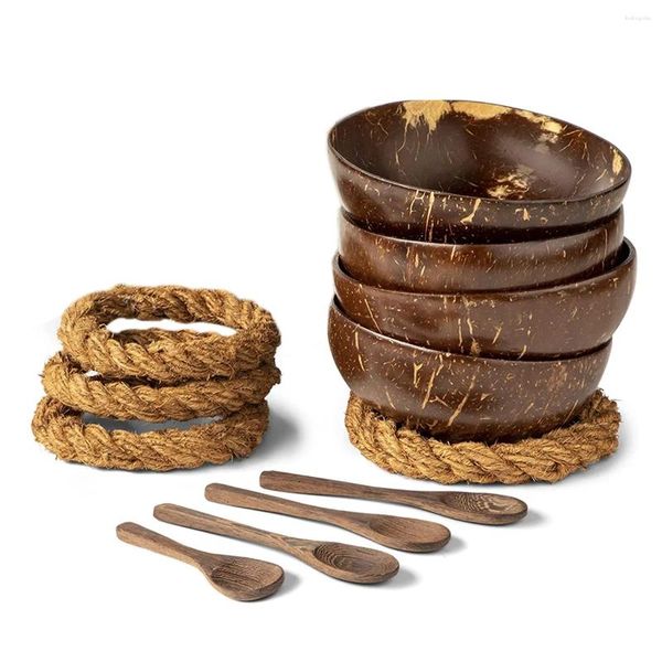 Tazones con soportes de cucharas - 4 portavasos de madera de coco para ensalada de madera para ensalada