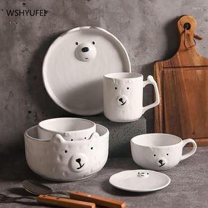 Cuencos WSHYUFEI lindo pequeño oso blanco cubiertos conjunto desayuno dibujos animados japonés creativo y platos utensilios de cocina suministros de cocina