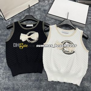 Bogen Versieren Gebreide Vesten Mouwloze Strakke Gebreide Top Vrouw Trui Buitensporten Kralen Borduren Letters Shirts Zomer Gebreid T-shirt