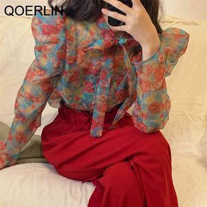 Bowtie Sexy See Through Blouse Vrouw Retro Organza Transparante Print Gepareerd Overhemd Rode Losse Casual Mesh Mujer 210601