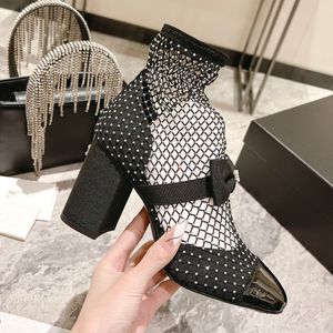 Bowtie Tennislaarzen Luxe Designer Strass Gesp Dikke Hak Damesschoenen 8,5 CM Hoge Hakken Bootie Mode Gemengde Kleur Enkellaarsjes Fabrieksschoenen 35-41