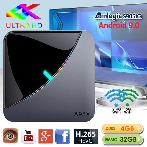 Boîte A95X Android 9.0 TV Box 4G 32GB/64GB S905X3 avec Wifi 2.4G + 5G BT PK TX6 X96 MAX +