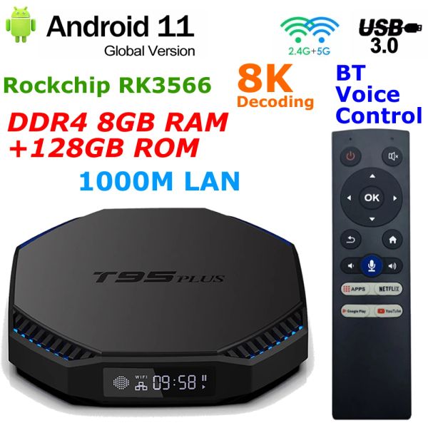 Box Android 11 TV Box T95 Plus Rockchip RK3566 DDR4 8GB RAM 128GB ROM 1000M LAN Dual Wifi BT Control 8k decode USB3.0 Caja superior