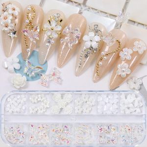 Doos Kleurrijke Diverse Petal Bloemen Boog Banden Geglazuurde Pearl 3D Nail Art Decoraties Charms Glitter Supplies Tools Sieraden