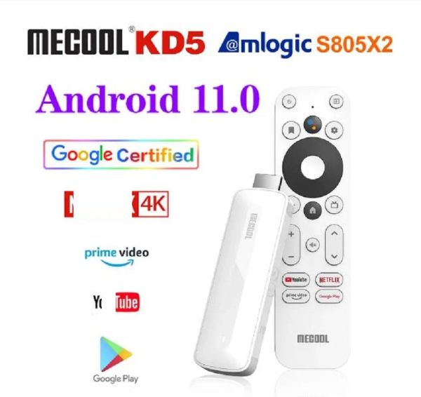 Box MECOOL Android 11 TV Stick KD5 con Amlogic S805X2 BT 5.0 WiFi 2.4G/5G 1+8G con Mini Player de Mini Certificado de Google