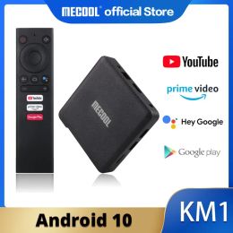 Box MECOOL KM1 KM2 Android 10.0 TV Box IP Amlogic Netflixs 2.4G/5G WiFi 4K BT4.2 Control de voz de Voice Google Certificado TVBox Chromecast