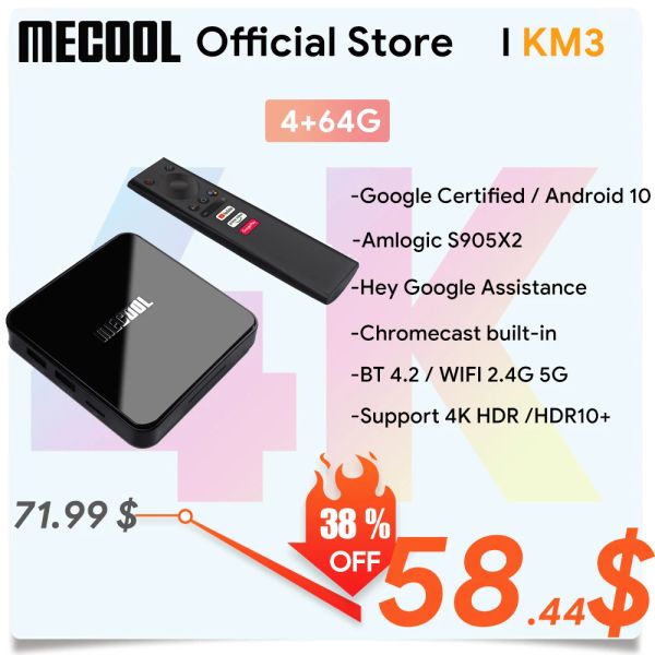 Box MECOOL KM3 Android 10.0 TV Box 4G DDR4 64G ROM Control de voz Smart TV Box Amlogic S905X2 2.4G 5G Wifi Bluetooth 4.1 Player Media