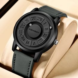 Box Mens Watchs Creative Rcrolling Pointer Magnetic Force Quartz Wristwatch Geothine Leather Watch Man Relogio masculinobox 240415