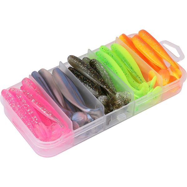 Caja paquete 20 piezas 6 cm suave T cola remo cebos artificial isca pesca wobbler bass minnow señuelo sílice 220812