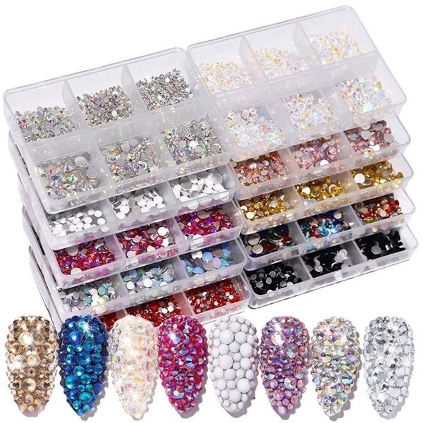 Boîte d'emballage de cristaux, types de couleurs, fond plat, cristaux multitailles, Nail Art, décoration 3D, Strass, gemme 220630