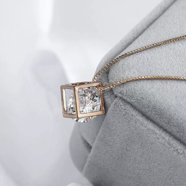 Boîte pendentif collier argent or chaînes femmes diamant Cube colliers anniversaire mariage mode bijoux cadeau