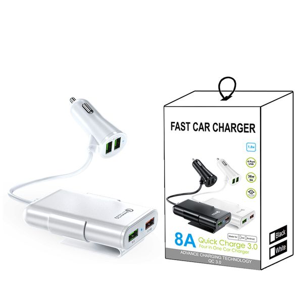 Chargeurs de téléphone Box 8A QC3.0 chargeurs de voiture pour sièges avant et arrière charge rapide un remorquage 4 câble USB chargeur de voitures multi-ports