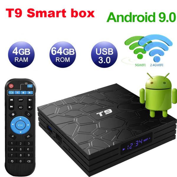 Box Smart T9 Android 9.0 TV Box RK3318 Quad Core 4GB RAM 64 Go ROM 2.4G / 5G double WiFi USB 3.0 4K 2GB 16 Go Set supérieur Box 4G 32G TVBOX