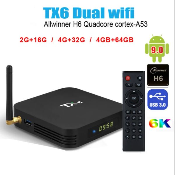 Box TX6 Android TV Box Allwinner H6 Quad Core Android 9.0 2.4G/5GHz 32G Dual Wifi BT 6K Media Soport para IPTV Smart TV