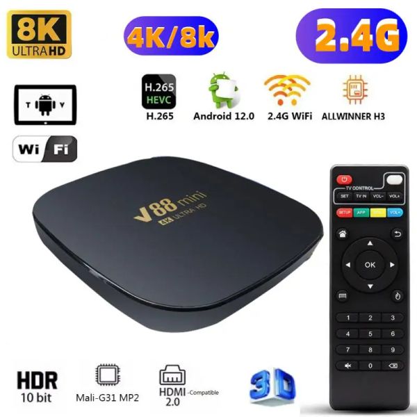 Box V88 Mini Android 12.0 Smart TV Box Support Bt Voice Assistant Wifi 2.4G 1+8G Set de alto rendimiento Box de 8K 3D Media reproducción