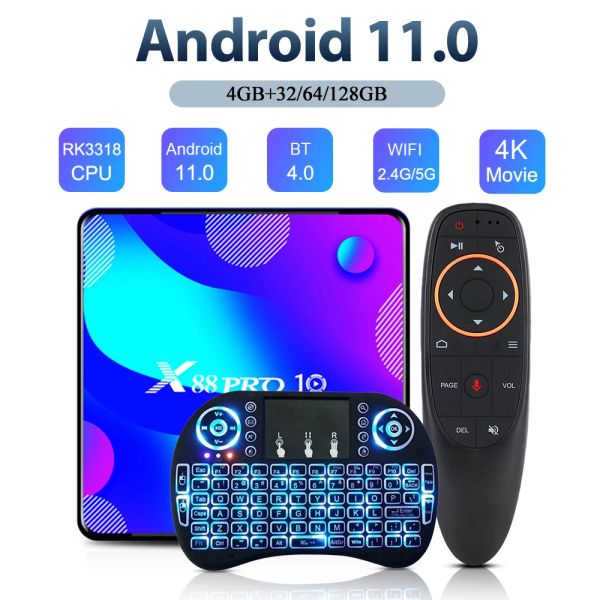 Box X88 Pro 10 Smart TV Box 4K HD Android 11.0 Set Top Box 4 Go 128 Go Multi Language 2.4G 5G Double récepteur de lecteur multimédia WiFi