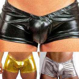 Boxer shorts de couro dos homens cuecas sexy boxer briefs tronco metal apertado bandagem underpant gay bikini X-3XL233T