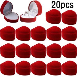 Dozen 1/20 st Rode Veet Hart Ring Box Sieraden Vitrine Houder Geschenkdozen Bruiloft Romantische Organisator Verlovingsring Case Groothandel