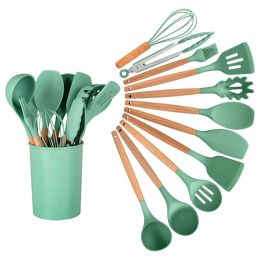 Boîtes 11/12 pièces ustensiles de cuisine en Silicone ustensiles de cuisine antiadhésifs ensemble d'ustensiles de cuisine spatule pelle batteurs à oeufs manche en bois ensemble d'outils de cuisson