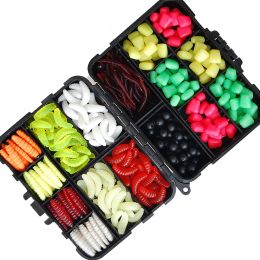 Boîtes 220pcs Lys de pêche artificiels de ver artificiel Soft Set Silkworm Maggot Earthworm Corn Corn Bread Perles d'appâts avec pêche avec boîte de pêche