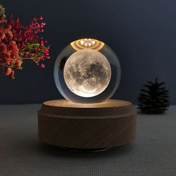 Boîtes 3D boule de cristal boîte à musique Projection éclairer boule de cristal rotatif base en bois veilleuse décoration cadeau d'anniversaire noël