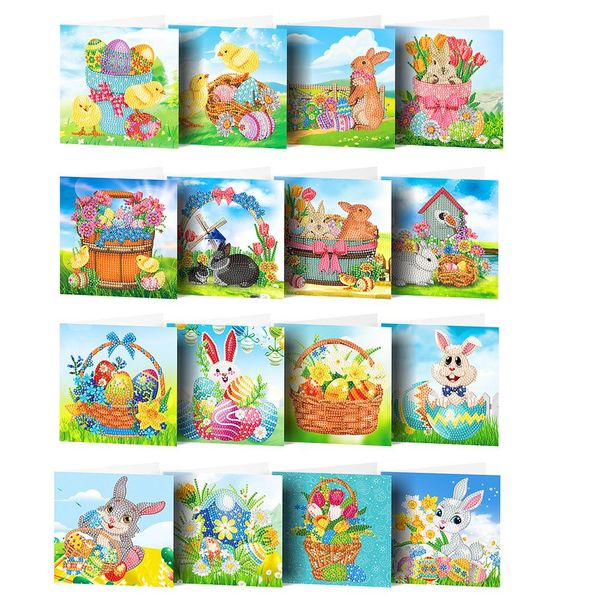 Cajas 5d Diy Diamante Pintura de diamantes Cartoon Easter Conejito Huevo Tarjeta de felicitación Flores Diamante Mosaico Artes de arte Tarjeta de felicitación regalo de vacaciones