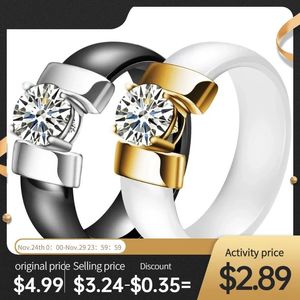 Boîtes 6mm blanc noir anneaux en céramique plus zircone cubique pour les femmes couleur or en acier inoxydable femmes bague de mariage bijoux de fiançailles