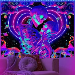 Dozen zwart licht tapijt tapijtsel uv reactieve psychedelische schedelmuur muur hangende hippie tapijt voor slaapkamer slaapkamer slaapkamer tarot kamer decor