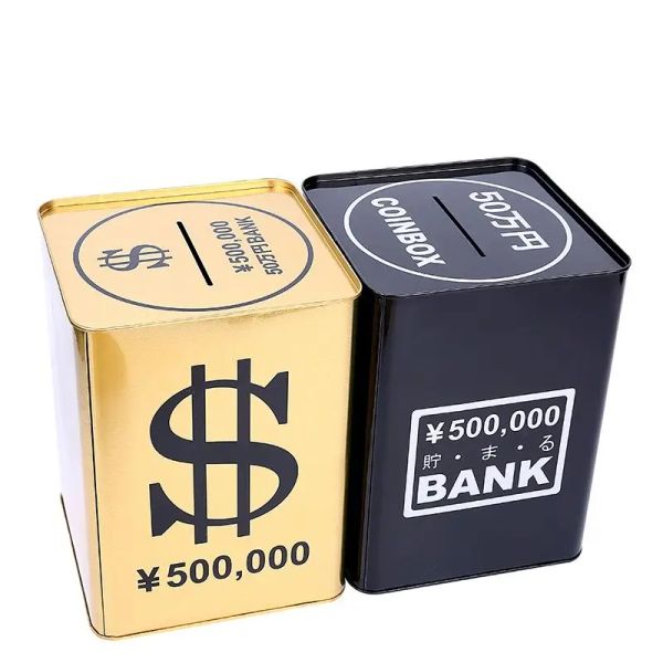 Cajas Cajas de dinero creativas Hucha Caja de monedas de oro de metal Caja de efectivo grande para adultos Hucha cuadrada para regalo de papel moneda 365 días Fp060