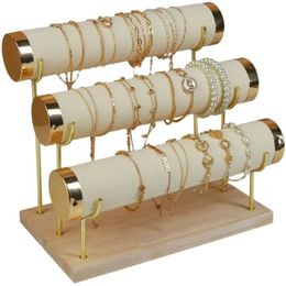 Cajas Soporte de pulsera desmontable Soporte para presentación de joyería de tres capas Soporte de exhibición Veet Caja de almacenamiento de reloj Base de madera maciza Pantalla dorada