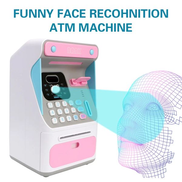 Boîtes électroniques Piggy Bank Auto Scroll Papier BankNote Money Boxes Machine ATM Machine Cash Box Simulated Face Reconnaissance Gift for Kids