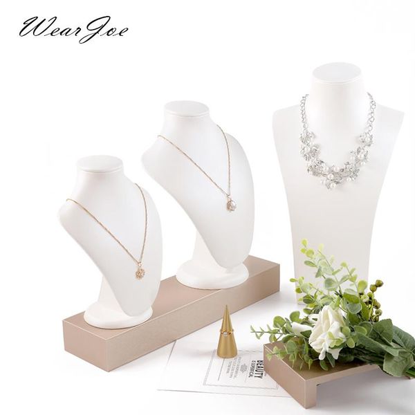 Cajas Elegante Blanco PU Cuero Colgante Collar Cadena Joyería Soporte de exhibición Soporte Busto Plataforma Forma de cuello Ventana Mostrador Maniquí