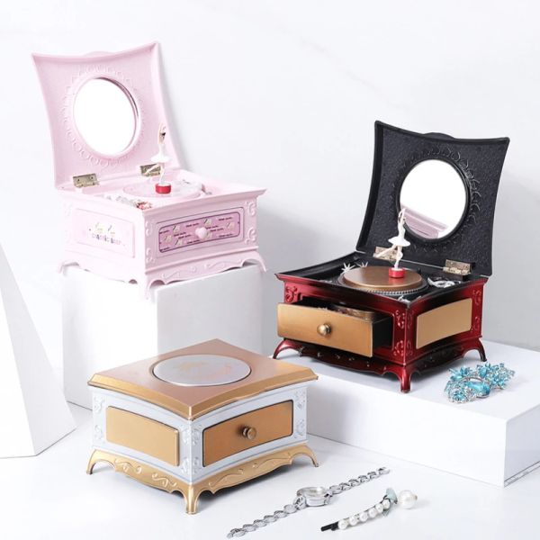 Boîtes européens style classique créatif ballerine rotation fille musique boîte de rangement de rangement miroir ornements bijoux tous