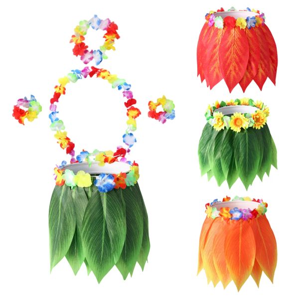 Boîtes Décorations de fête hawaïenne Feuille tropicale artificielle Couronne d'herbe Jupe Enfants Adulte Hula Beach Anniversaire Boho Party Favors Costume