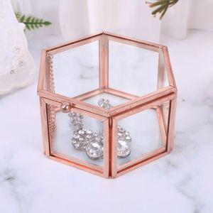 Cajas hexagonales transparentes de oro rosa, caja para anillos de boda, caja de joyería de cristal transparente geométrica, organizador de mesa