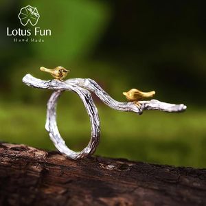 Boîtes Lotus Fun en argent Sterling véritable, Bijoux fins originaux faits à la main, bague réglable en or oiseau sur branche, anneaux pour femmes, Bijoux